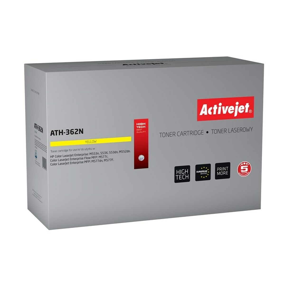 Gele Activejet ATH-362N toner cartridge doos met printerinformatie.
