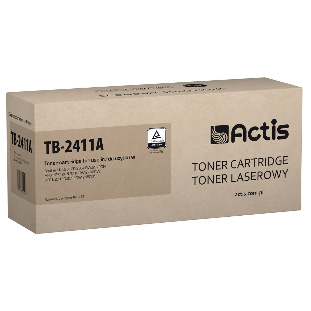 Pudełko kartridża z tonerem Actis TB-2411A, z certyfikatami i kompatybilnymi modelami.