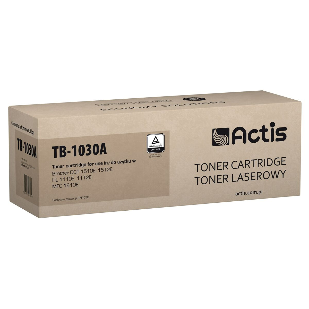 Pudełko kartridża tonera Actis TB-1030A, ze szczegółami modeli drukarek.