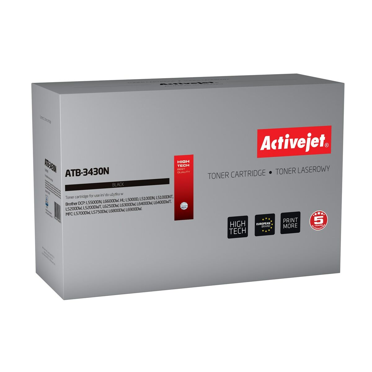 Czarny toner ATB-3430N firmy Activejet, z pieczęciami i informacjami o modelu.