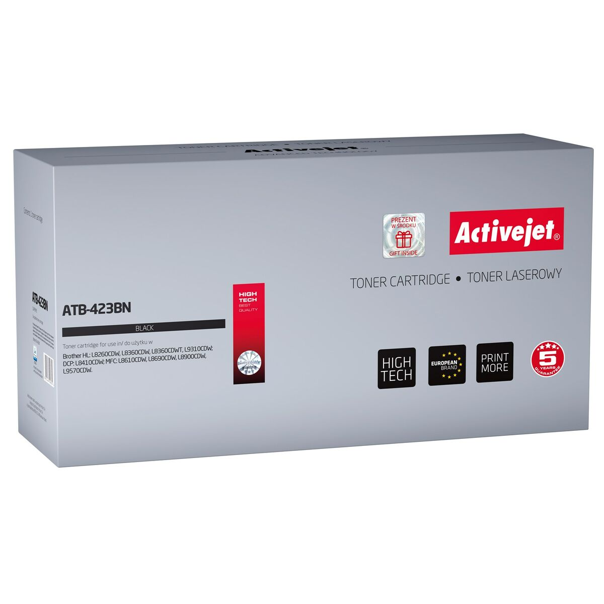 Boîte grise pour une cartouche de toner noire, modèle ATB-423BN d'Activejet.