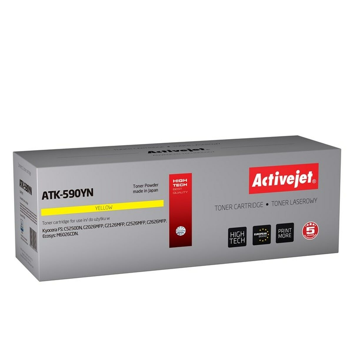 Żółty toner Activejet ATK-590YN, wyprodukowano w Japonii, do drukarek Kyocera.