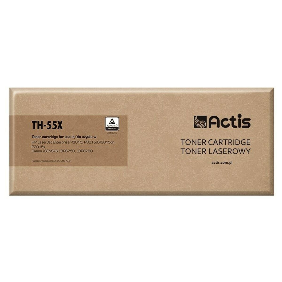 Boîte de toner Actis TH-55X avec logo TUV certifié et compatibilité modèles d'imprimantes.
