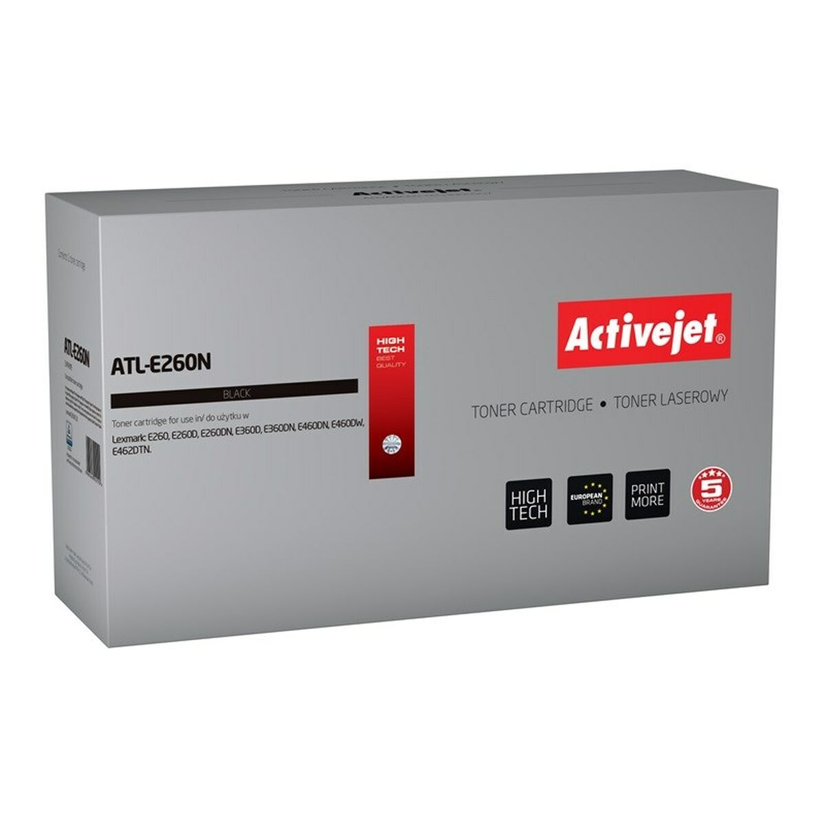 Pudełko czarnej kasety z tonerem Activejet ATL-E260N do drukarek Lexmark.