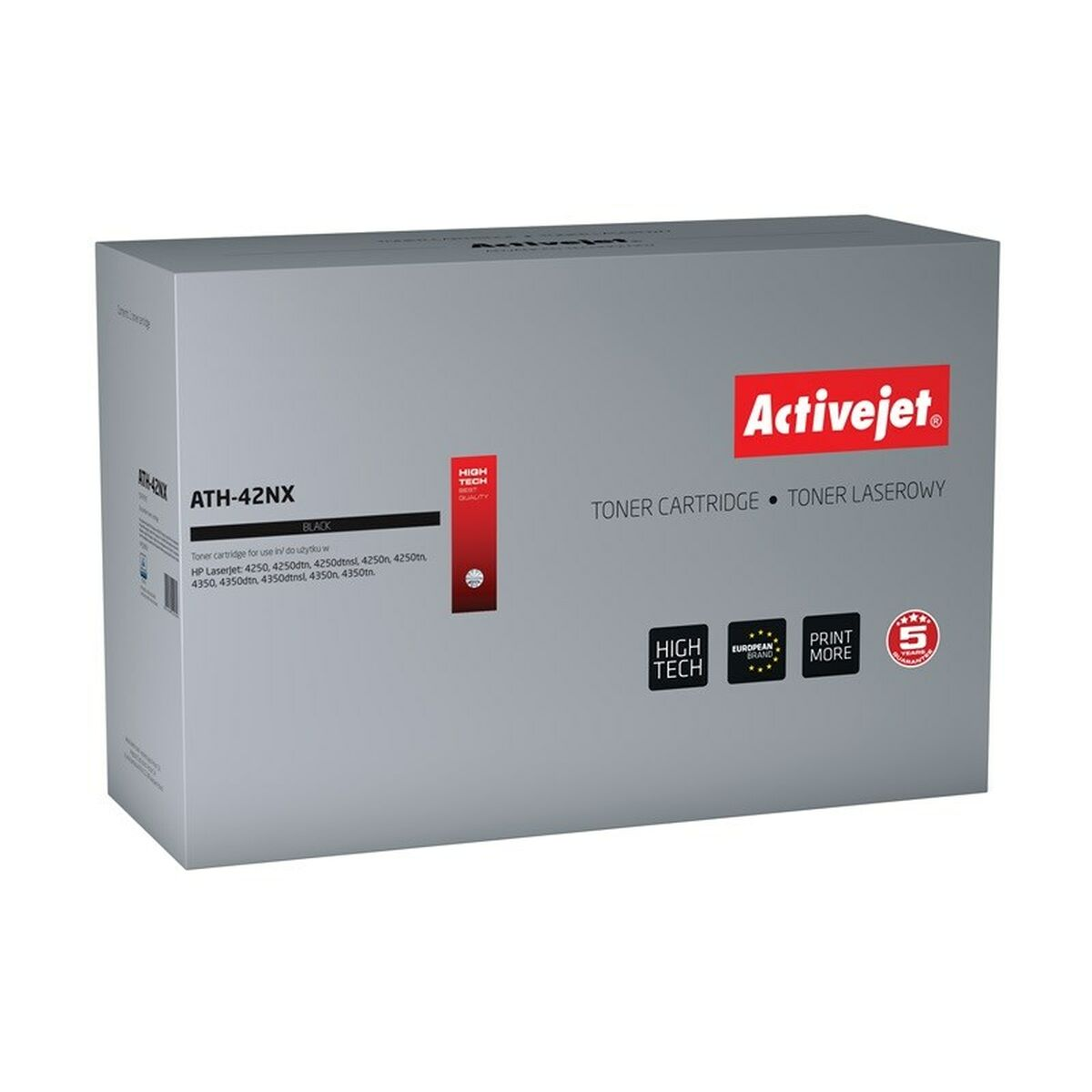 Confezione grigia per toner nero Activejet ATH-42NX con loghi.