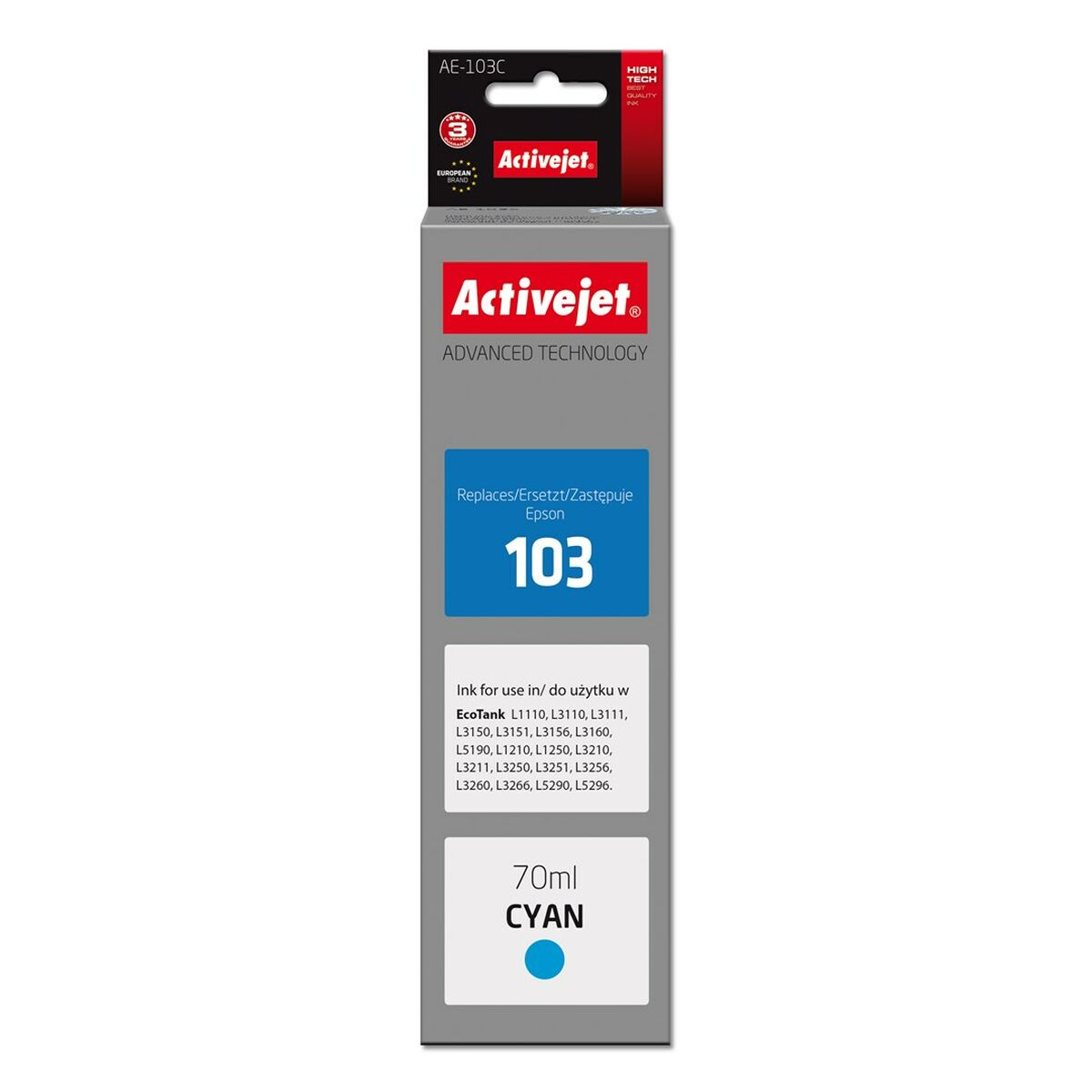 Emballage d'encre cyan Activejet AE-103C, 70ml, pour imprimantes Epson EcoTank.