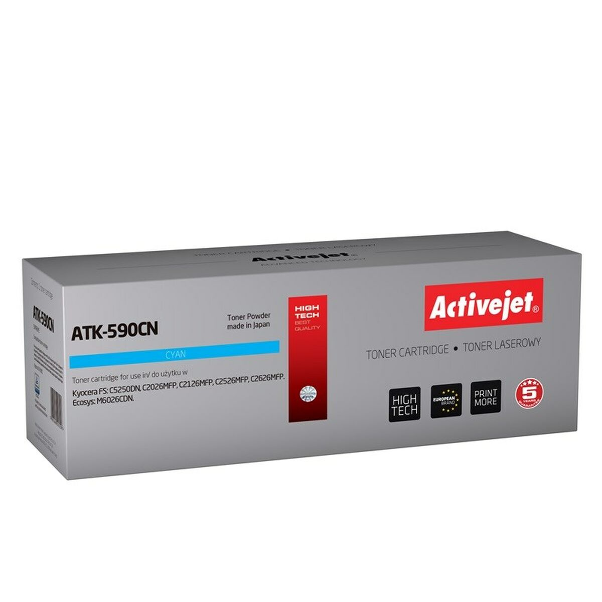 Pudełko z cyjanową kasetą z tonerem Activejet, model ATK-590CN.