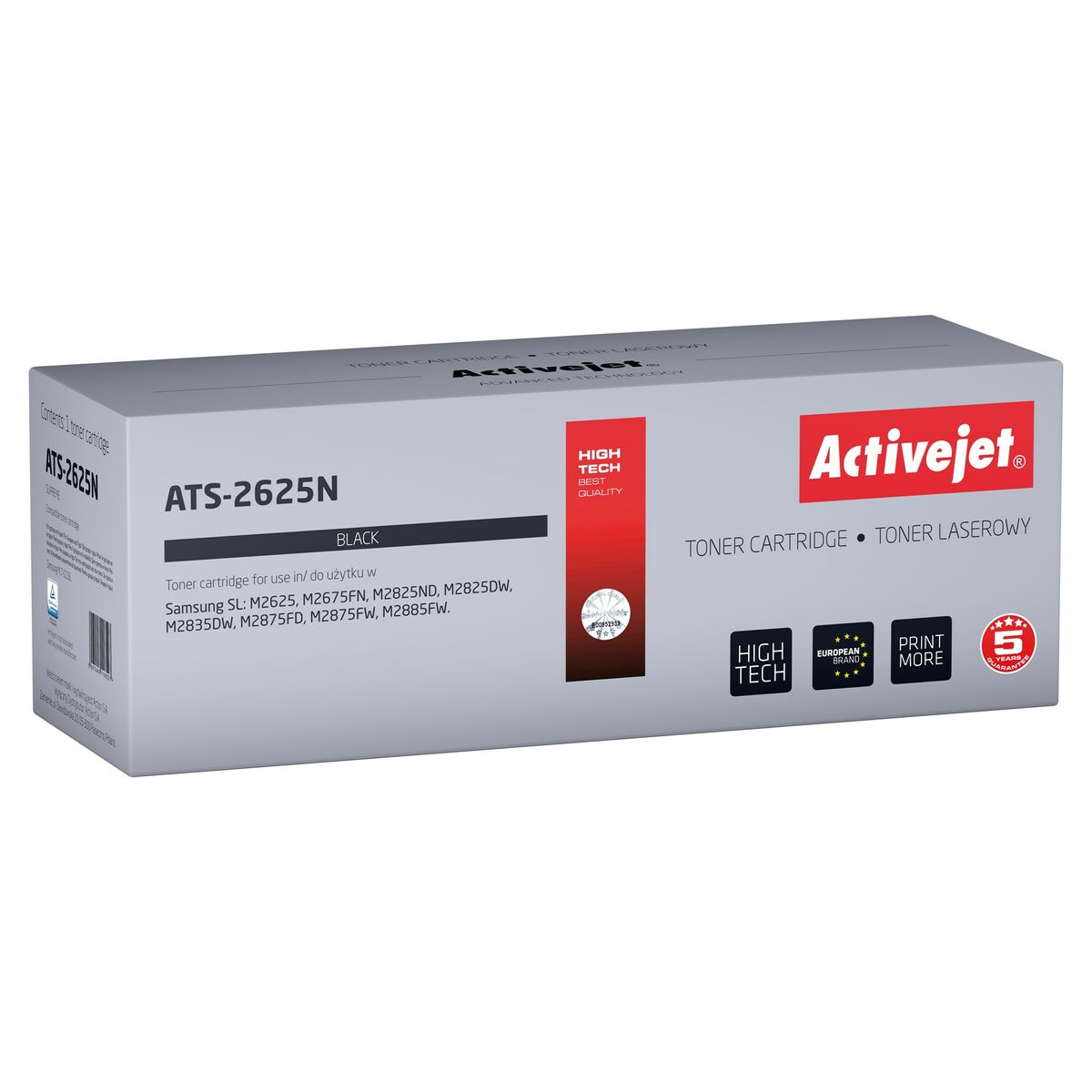 Czarny toner Activejet ATS-2625N ze szczegółowym opisem produktu i logo.