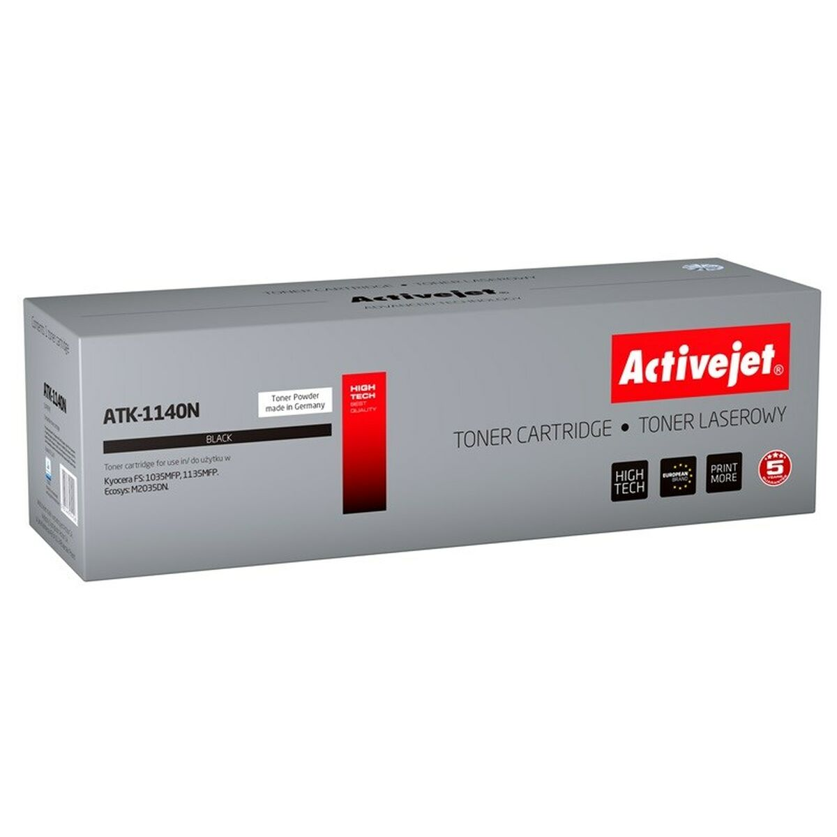 Szare pudełko z czarnym tonerem Activejet ATK-1140N do drukarek Kyocera.