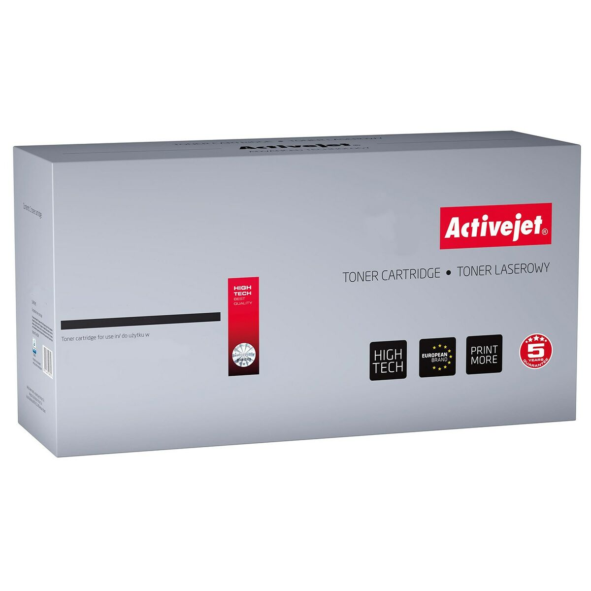 Scatola cartuccia toner Activejet con loghi High Tech, Marchio Europeo, Stampa di Più, Garanzia 5 Anni.