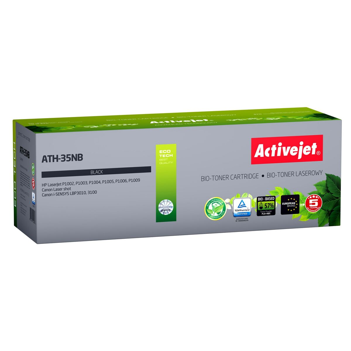 Emballage pour une cartouche de toner bio Activejet, modèle ATH-35NB, en noir.
