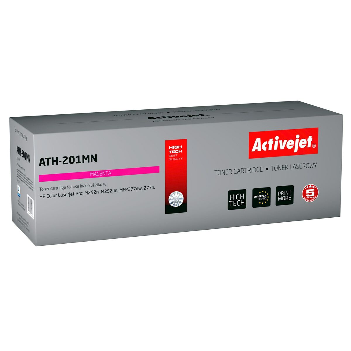Szare pudełko z tonerem Activejet, model ATH-201MN, do koloru magenta.