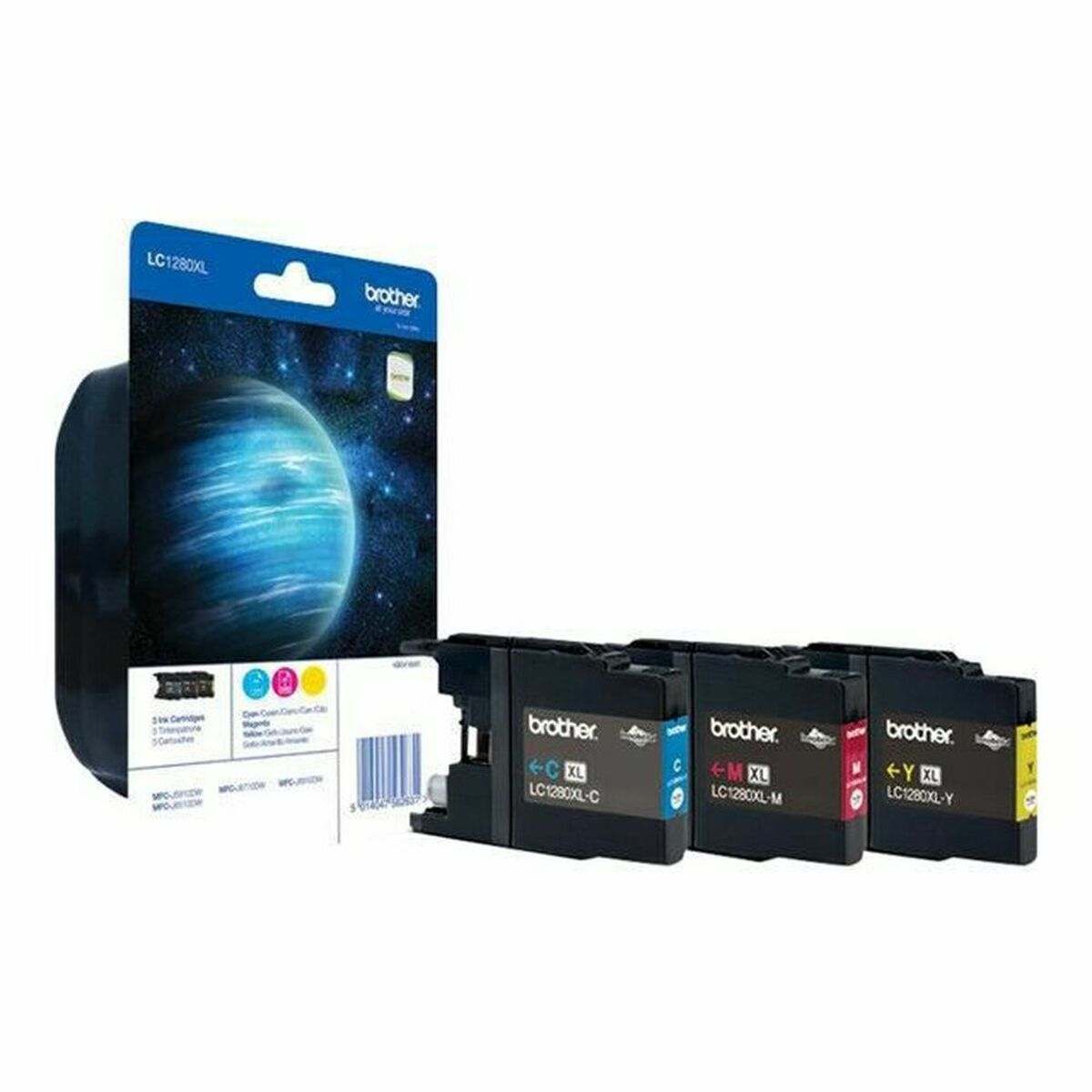 Drie Brother inktcartridges en een verpakking met planeetmotief.