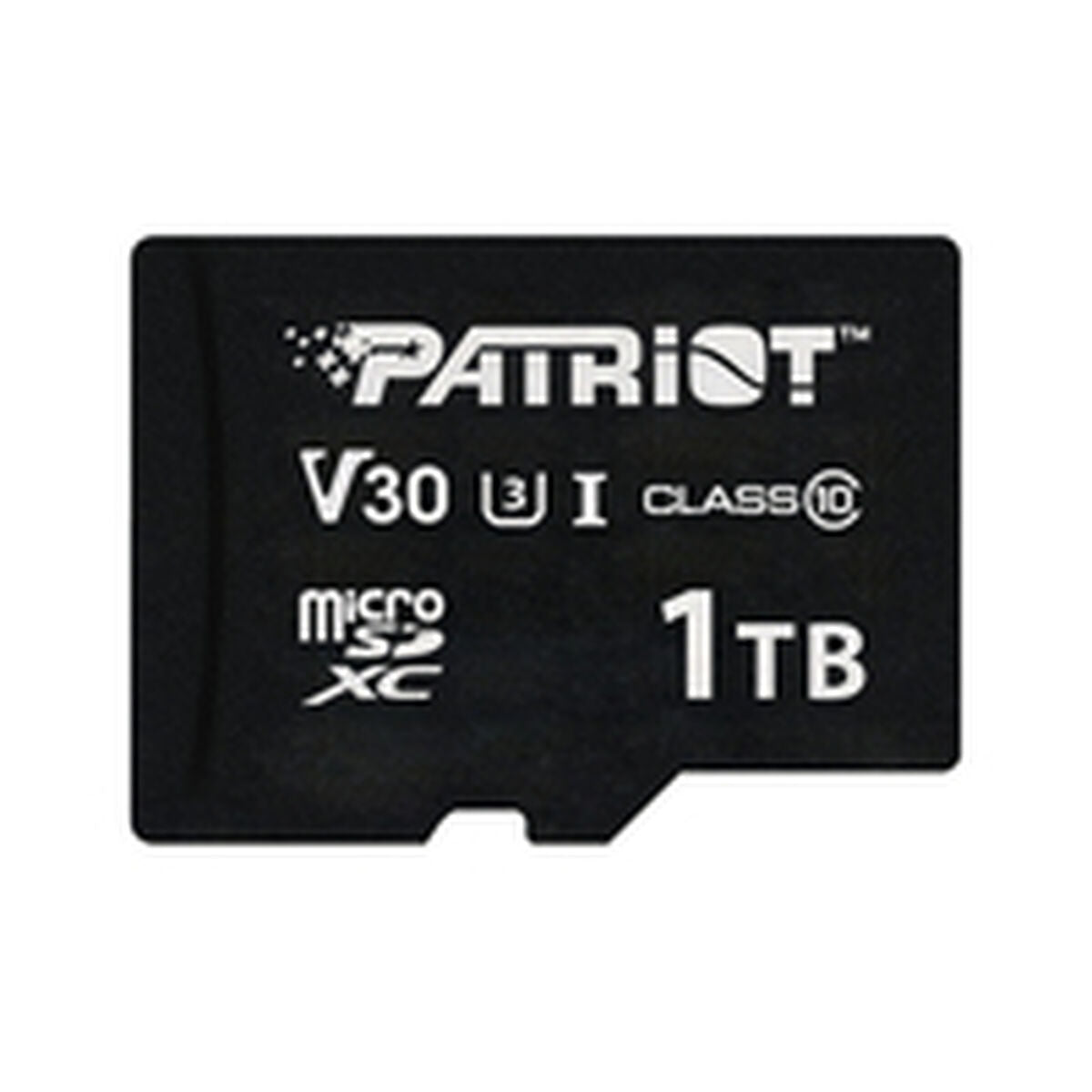 Czarna karta MicroSDXC z logo Patriot, V30, Class 10 i pojemnością 1 TB.