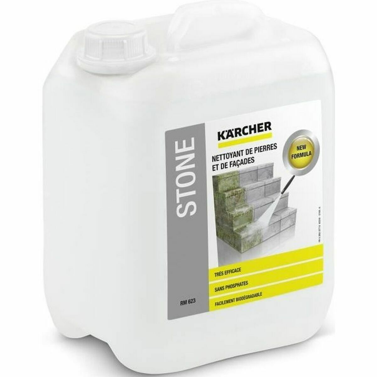 Un flacone bianco di detergente Kärcher per pietra e facciate.
