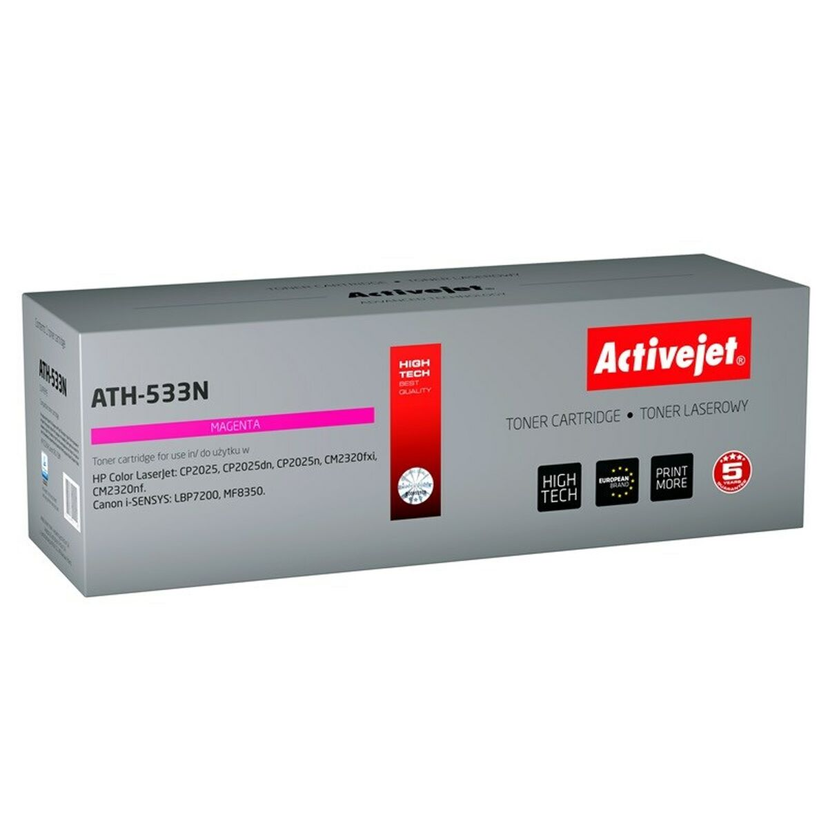 Szare pudełko z magenta tonerem. Model ATH-533N firmy Activejet.