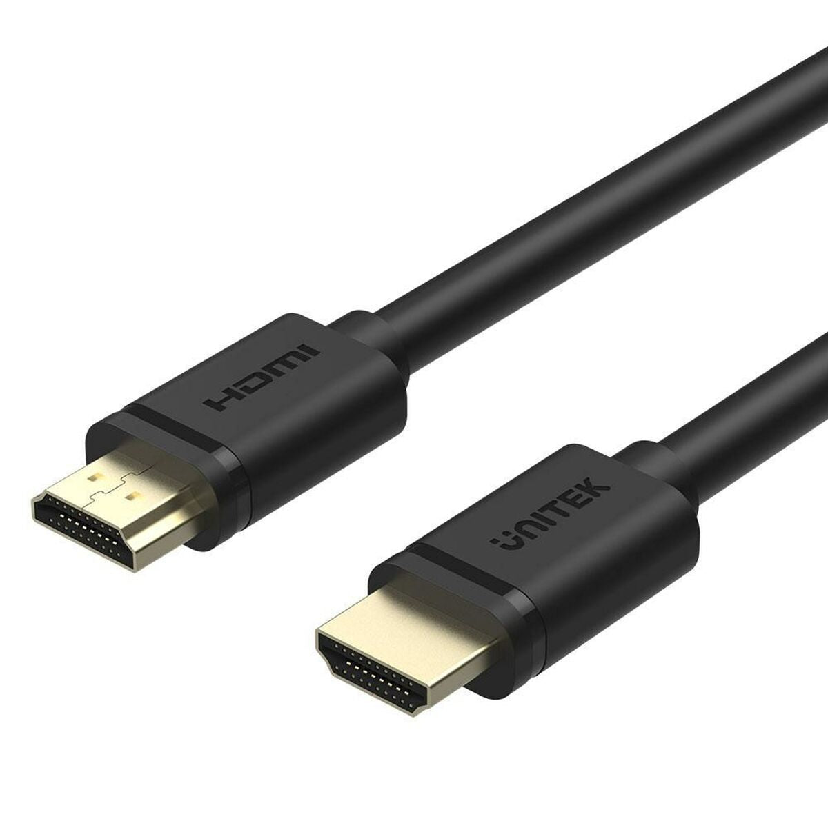 Dwa czarne kable HDMI ze złotymi złączami na białym tle.