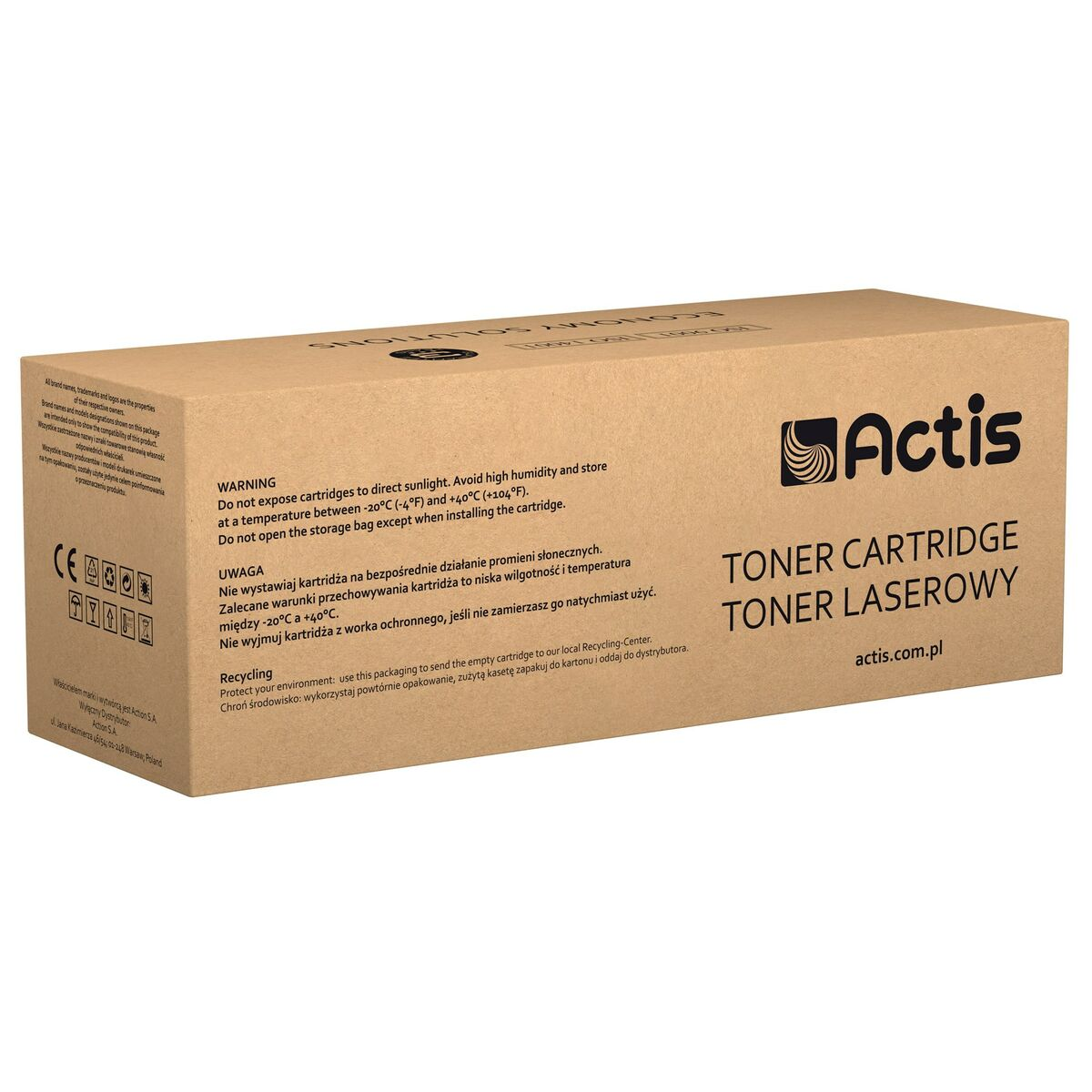 Toner Actis w brązowym pudełku z ostrzeżeniami i informacjami o recyklingu.