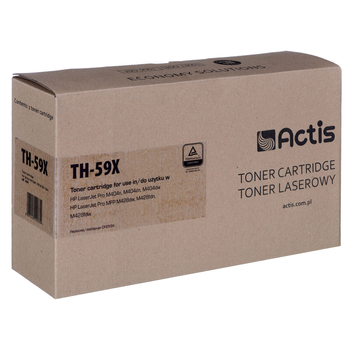 Scatola di cartone marrone per una cartuccia toner Actis TH-59X per HP LaserJet.