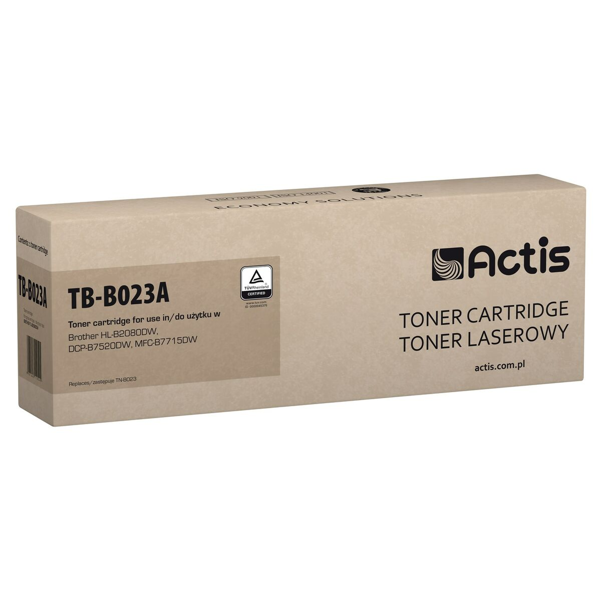 Pudełko z tonerem Actis TB-B023A z certyfikatem TÜV i danymi drukarki.