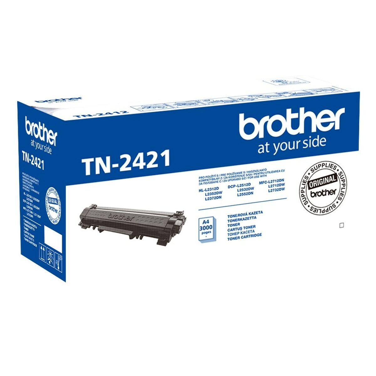 Toner Brother TN-2421 na niebieskim opakowaniu ze szczegółami produktu.