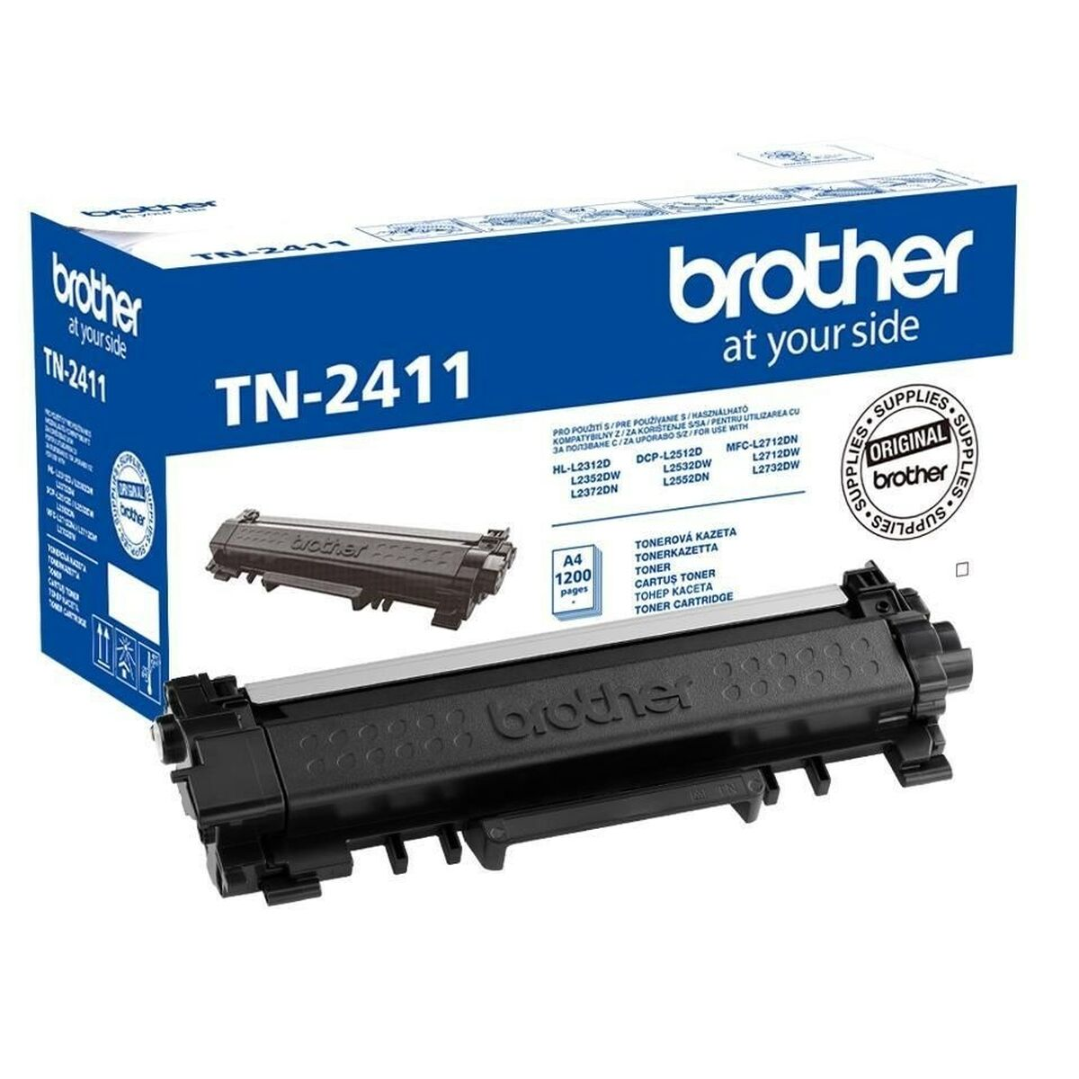 A black Brother TN-2411 toner cartridge box and toner.