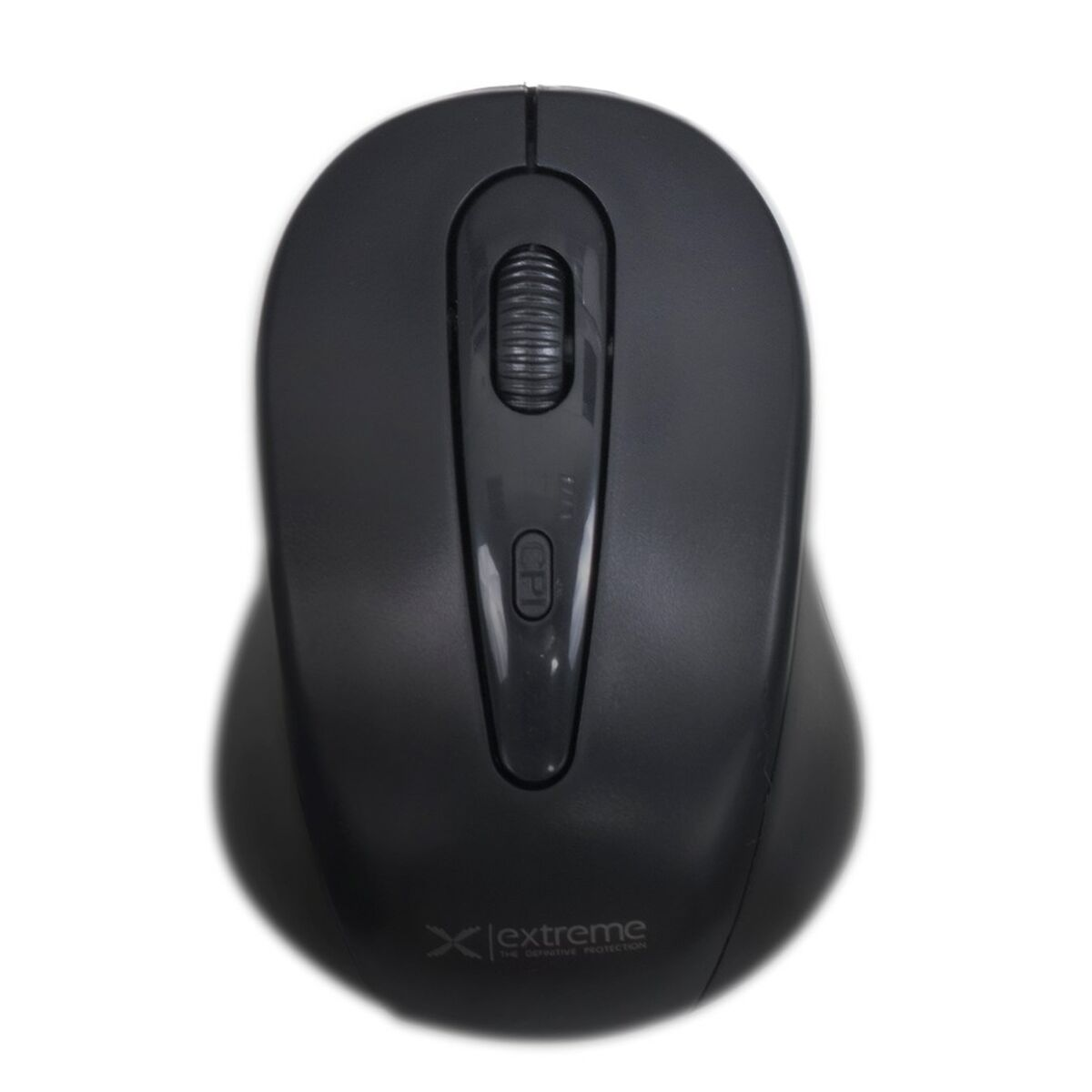 Schwarze kabellose Computermaus mit Scrollrad und CPI-Taste.