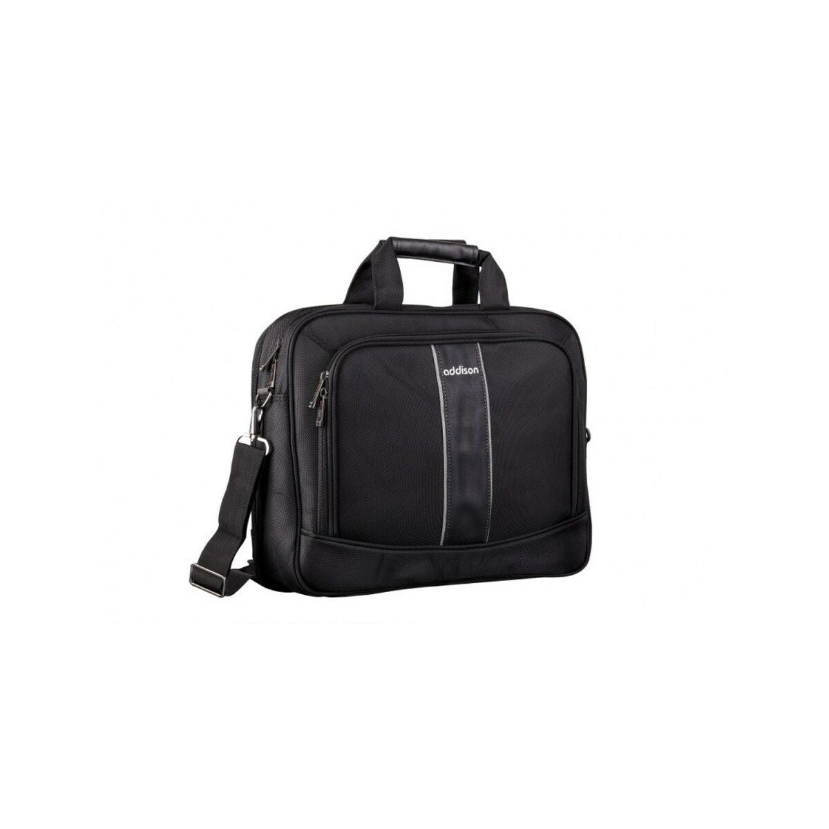 Borsa da lavoro nera con manici, tracolla e striscia argentata.