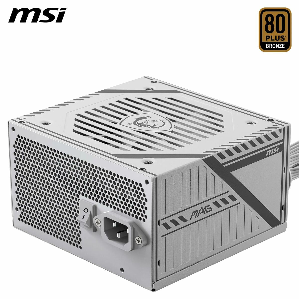 Weißes MSI Netzteil mit Lüftungsschlitzen, Logo und 80 Plus Bronze-Siegel.