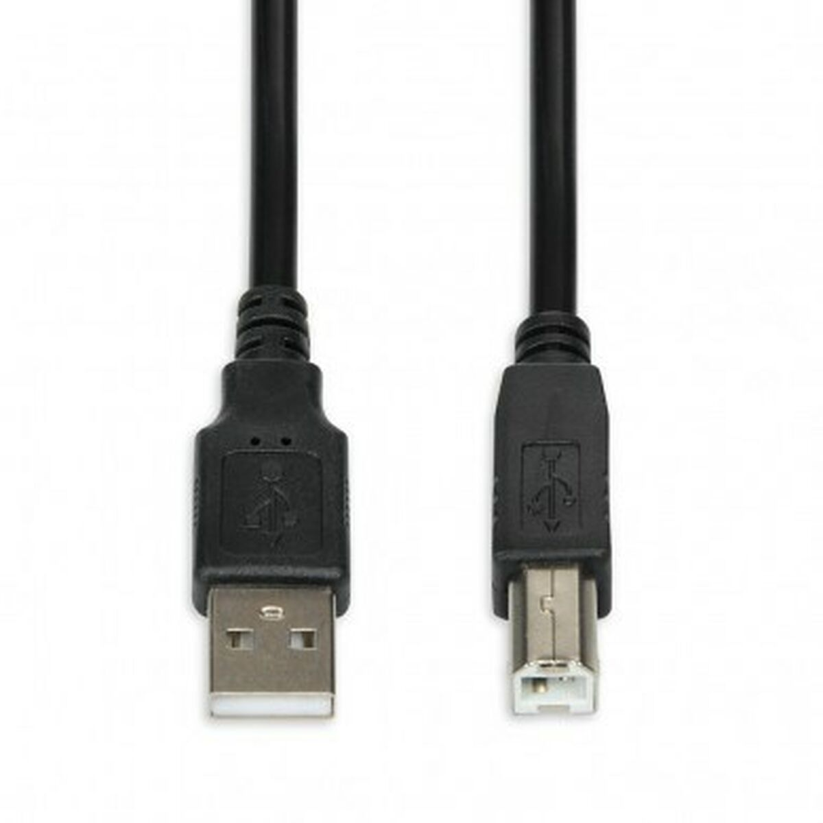 Un cavo USB nero con connettori Tipo A e Tipo B su sfondo bianco.
