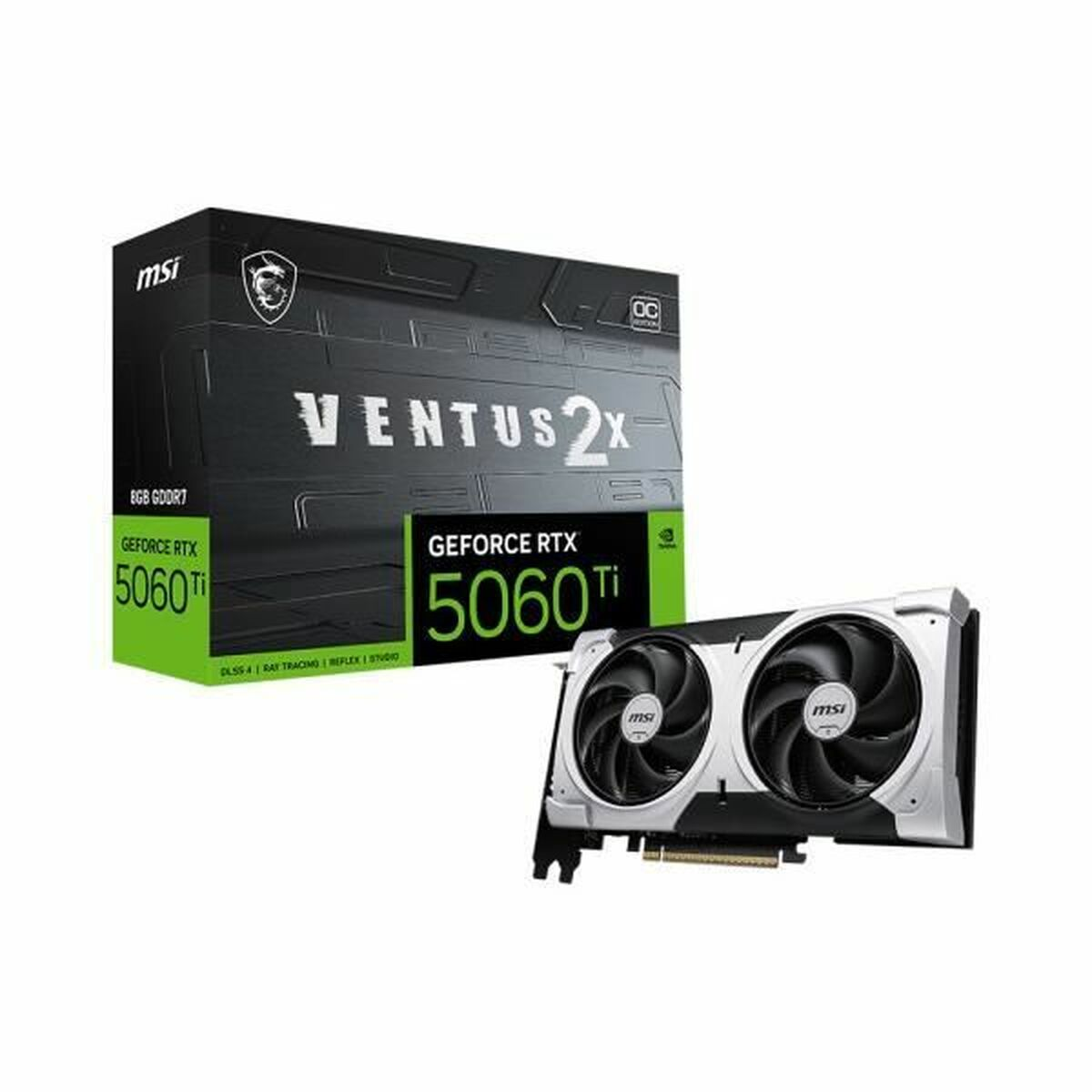Eine MSI GeForce RTX 5060 Ti Grafikkarte mit zwei Lüftern und Verpackung.