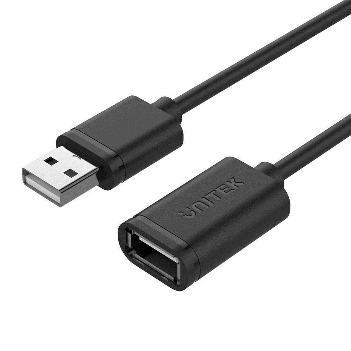 Czarny kabel USB z jednym złączem męskim i jednym żeńskim.