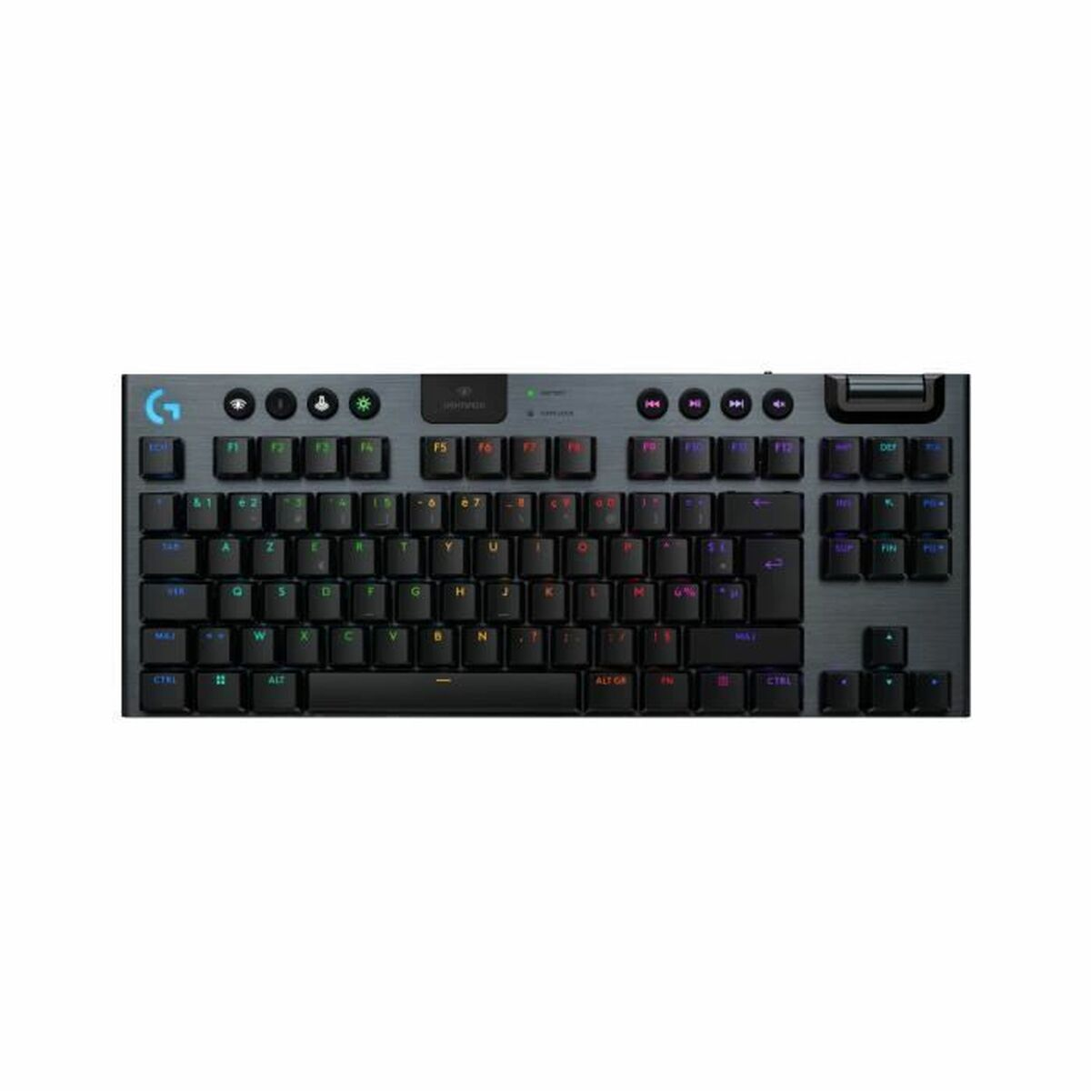 Szara klawiatura mechaniczna z podświetleniem RGB i logo Logitech.