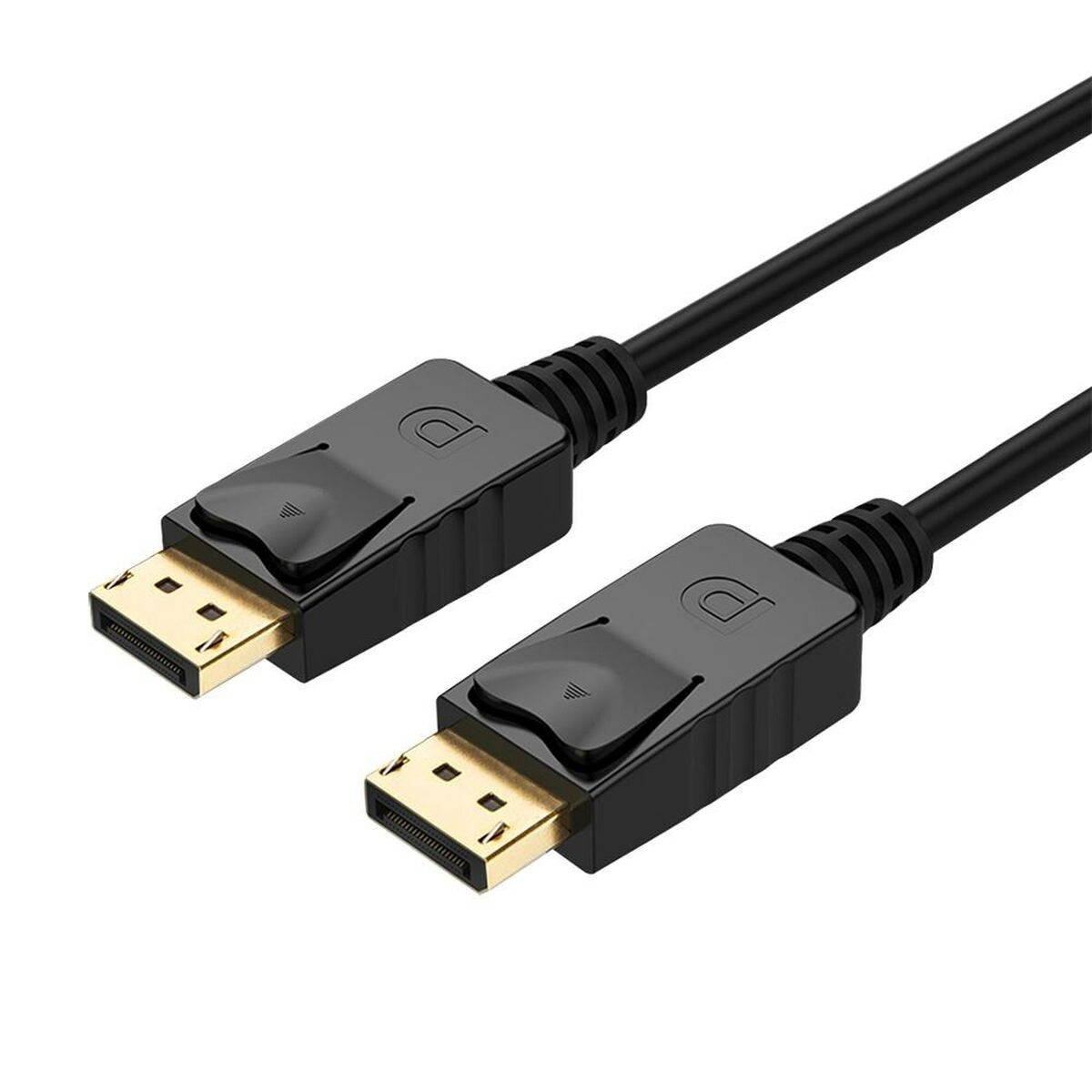 Deux câbles DisplayPort noirs avec connecteurs dorés, côte à côte sur fond blanc.