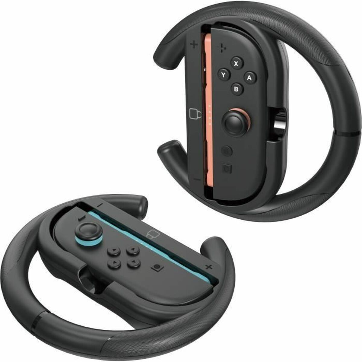 Due volanti neri per controller Nintendo Switch, sfondo bianco.