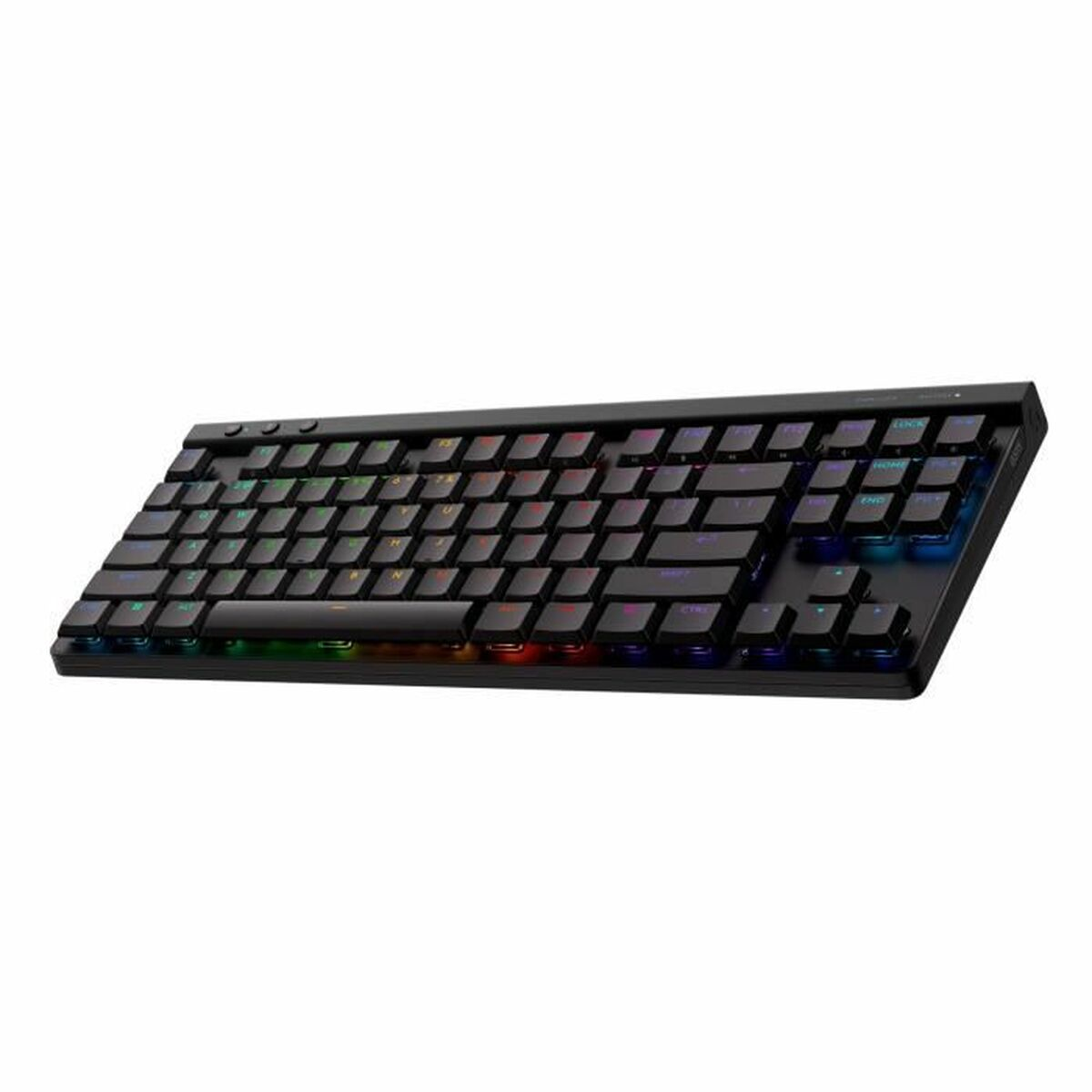 Czarna klawiatura z podświetleniem RGB, zbliżenie.