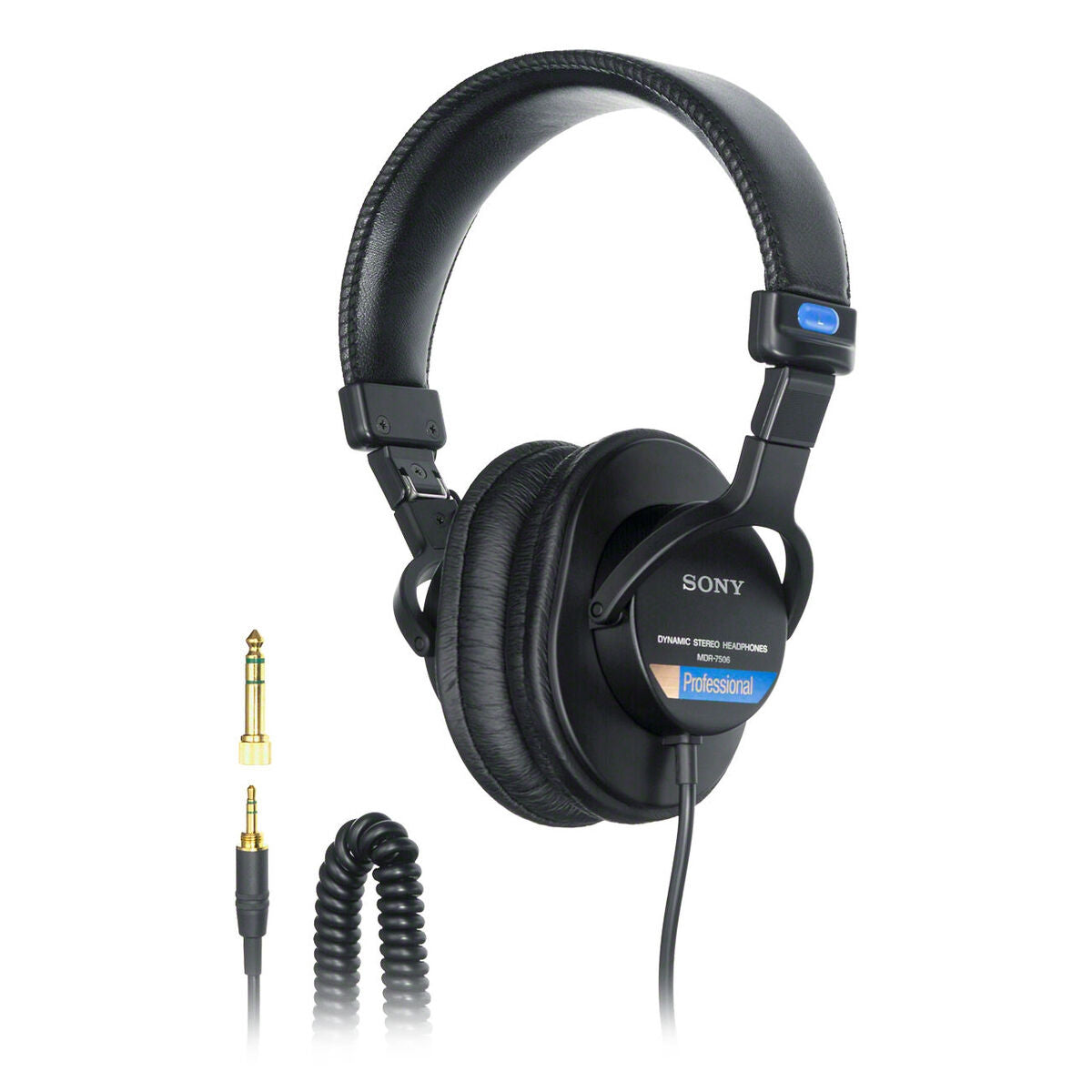 Cuffie professionali Sony MDR-7506 nere con cavo a spirale e due adattatori dorati.