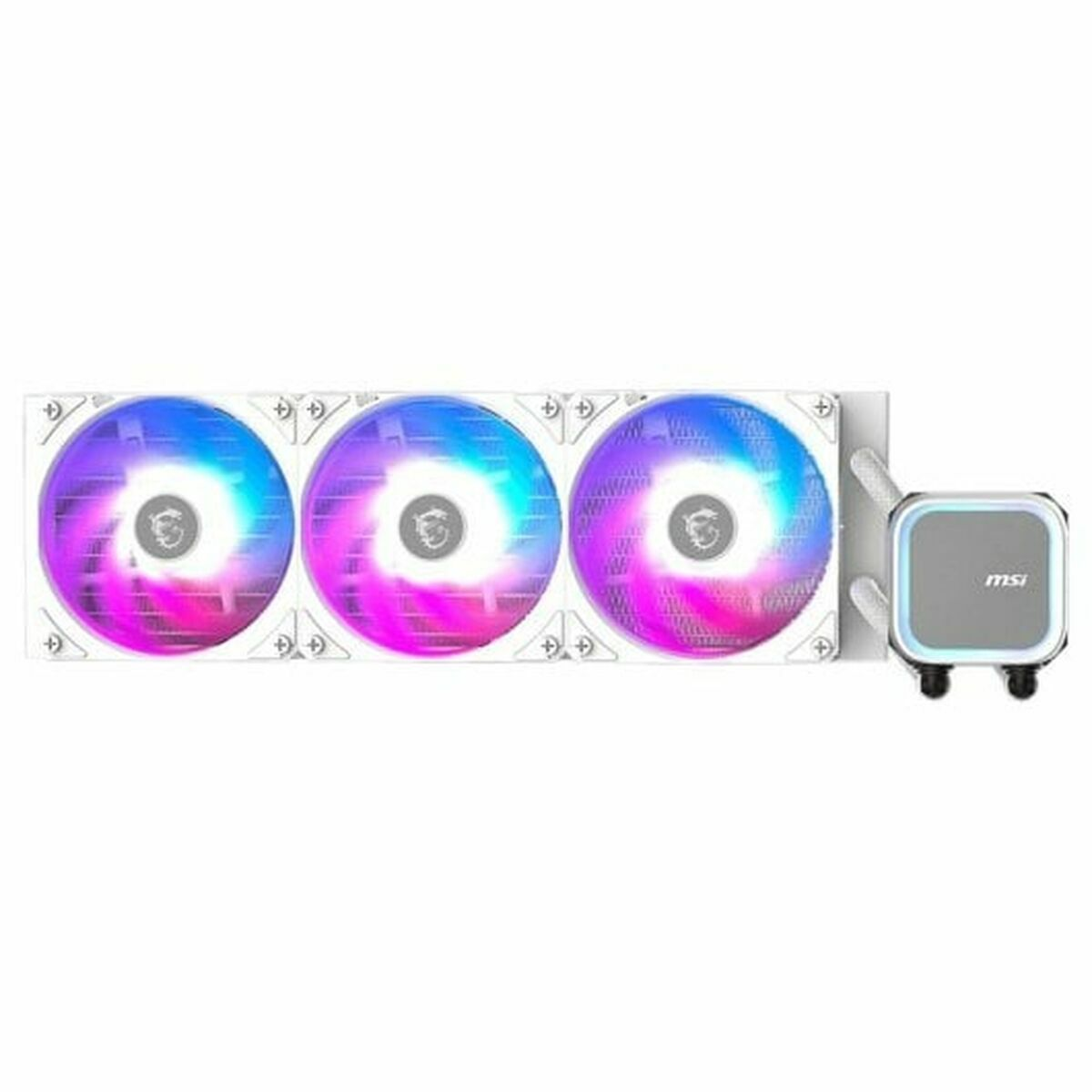 Biała obudowa z trzema wentylatorami RGB i kwadratową jednostką pompy.