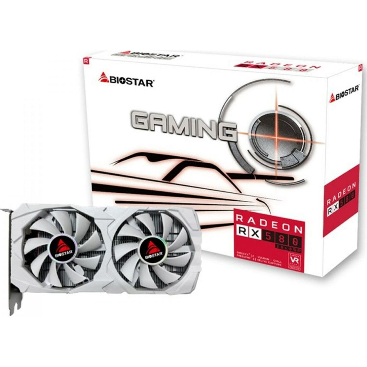 Biała karta graficzna z dwoma wentylatorami obok pudełka z napisem "BIOSTAR GAMING RADEON RX 588".