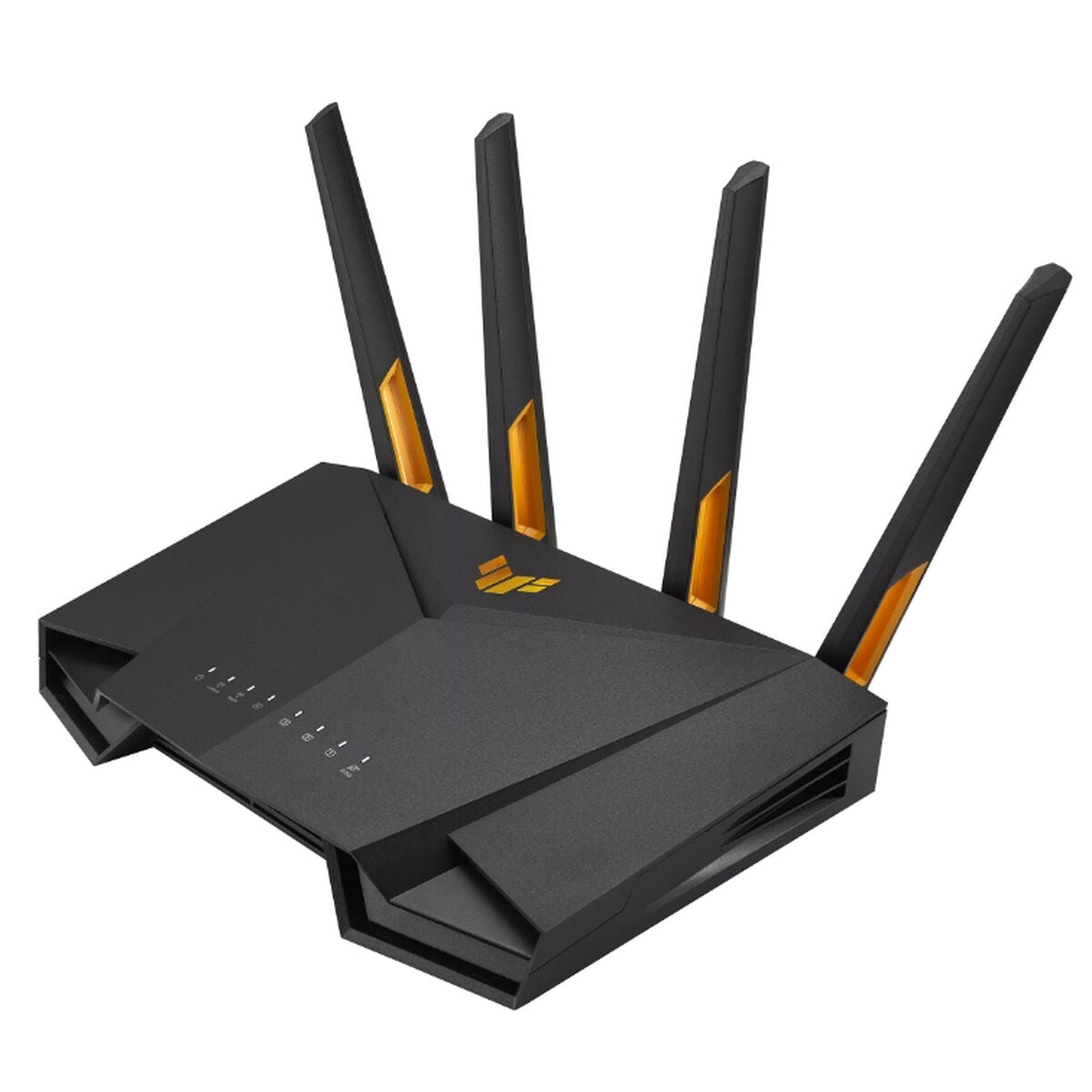 Un router nero con quattro antenne e accenti gialli, con LED sul davanti.