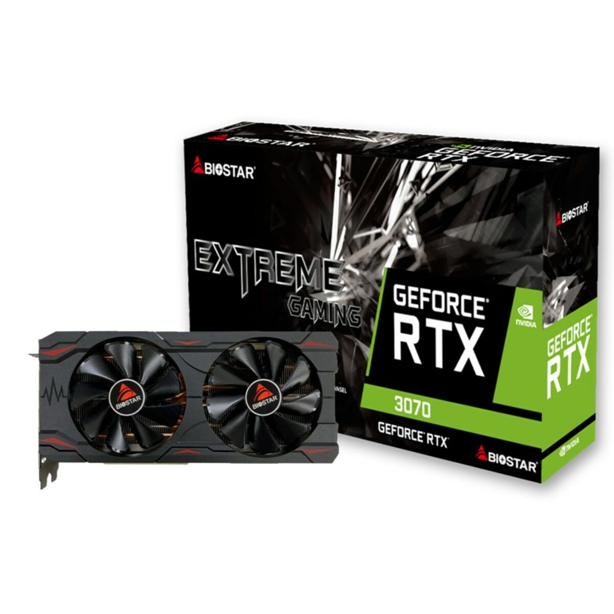 Biostar RTX 3070 Grafikkarte mit zwei Lüftern und Verpackung, "Extreme Gaming".