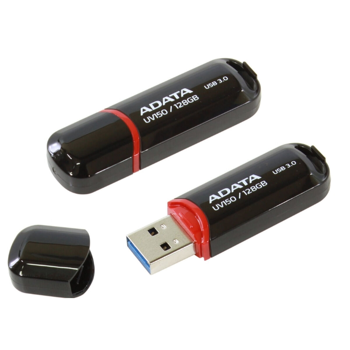 Dwa czarne pendrive'y ADATA z czerwonymi akcentami, jeden z widocznym złączem.