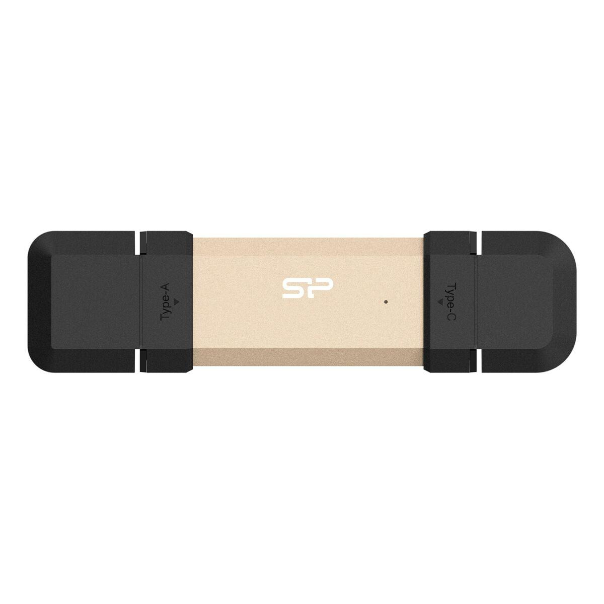 Złoty pendrive z czarnymi nakładkami, oznaczony 'Type-A' i 'Type-C'.