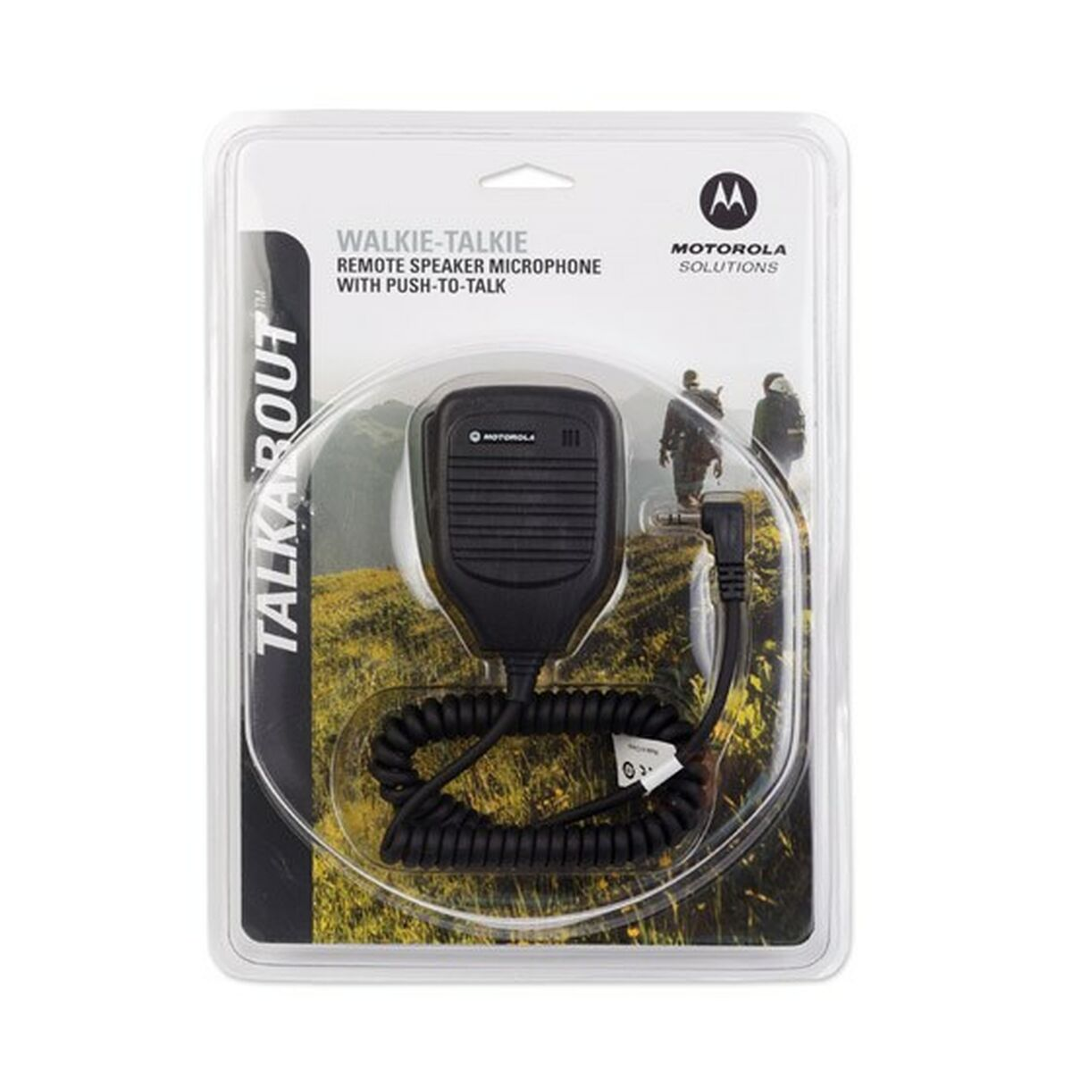 Microfono speaker remoto Motorola walkie-talkie in confezione, con paesaggio.