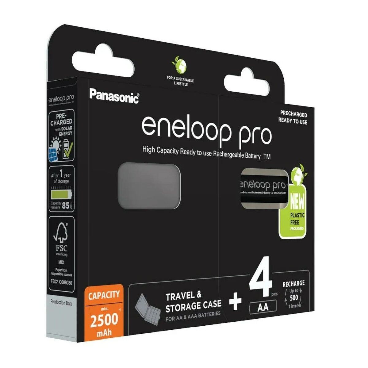 Confezione da 4 batterie AA Panasonic eneloop pro con custodia da viaggio. Capacità 2500 mAh.