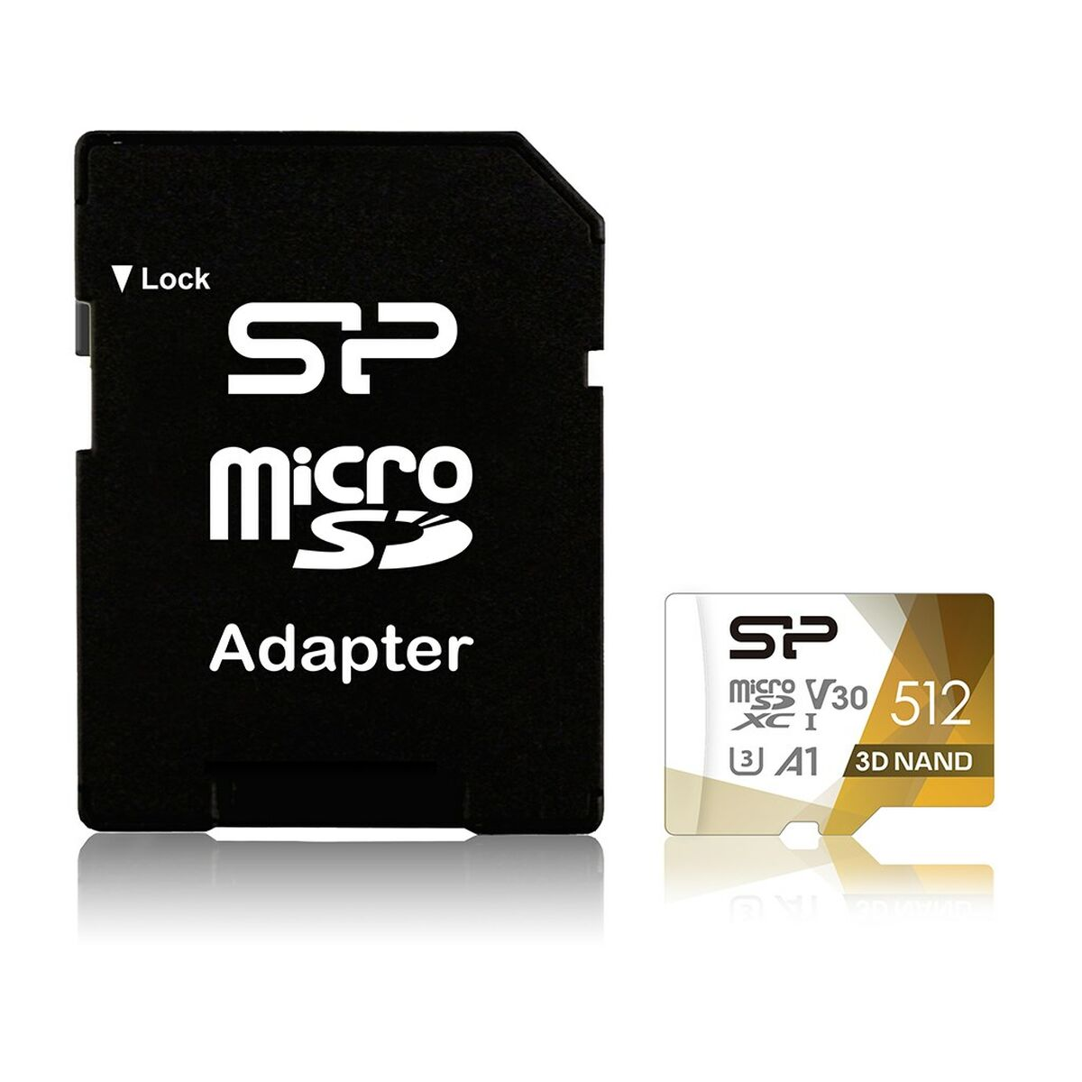 Ein schwarzer MicroSD-Adapter und eine weiße 512GB MicroSD-Karte liegen nebeneinander.