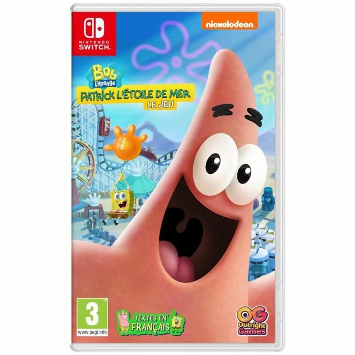 Copertina gioco Bob Spongbob Patrick Stella con Patrick, Spongbob e montagne russe.