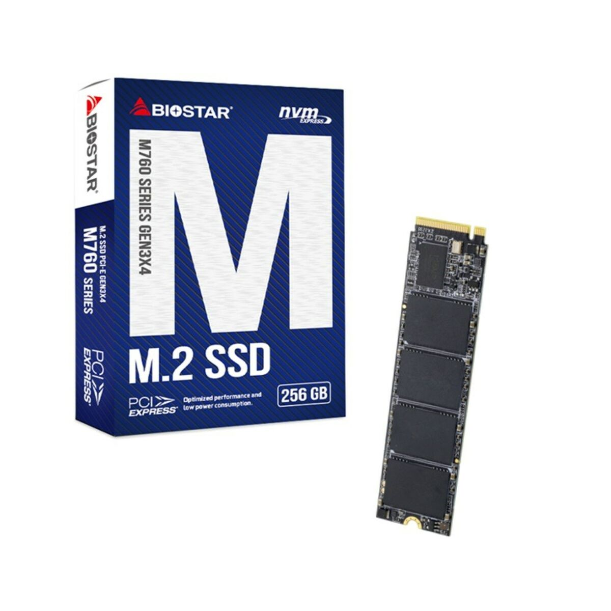 Biostar M.2 SSD 256 GB z opakowaniem i dyskiem SSD na białym tle.