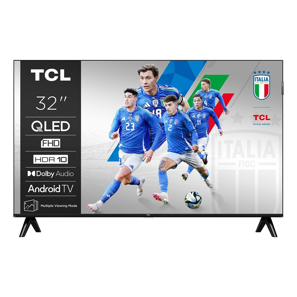 Telewizor TCL QLED 32" wyświetla włoskich piłkarzy i logo Italia.