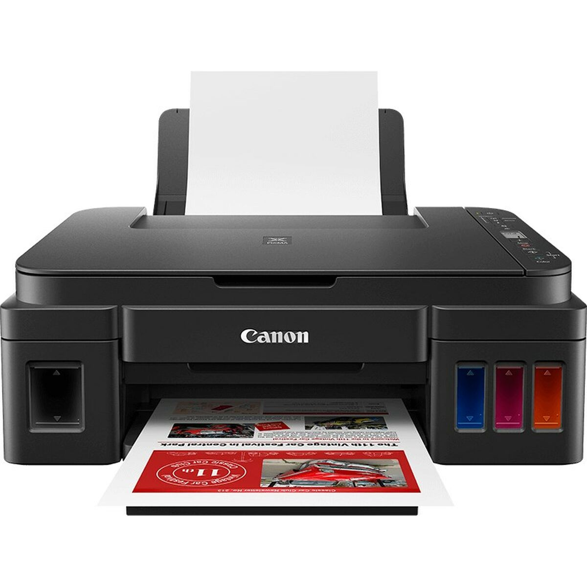 Czarna drukarka Canon z trzema kolorowymi zbiornikami na tusz i kartką papieru.